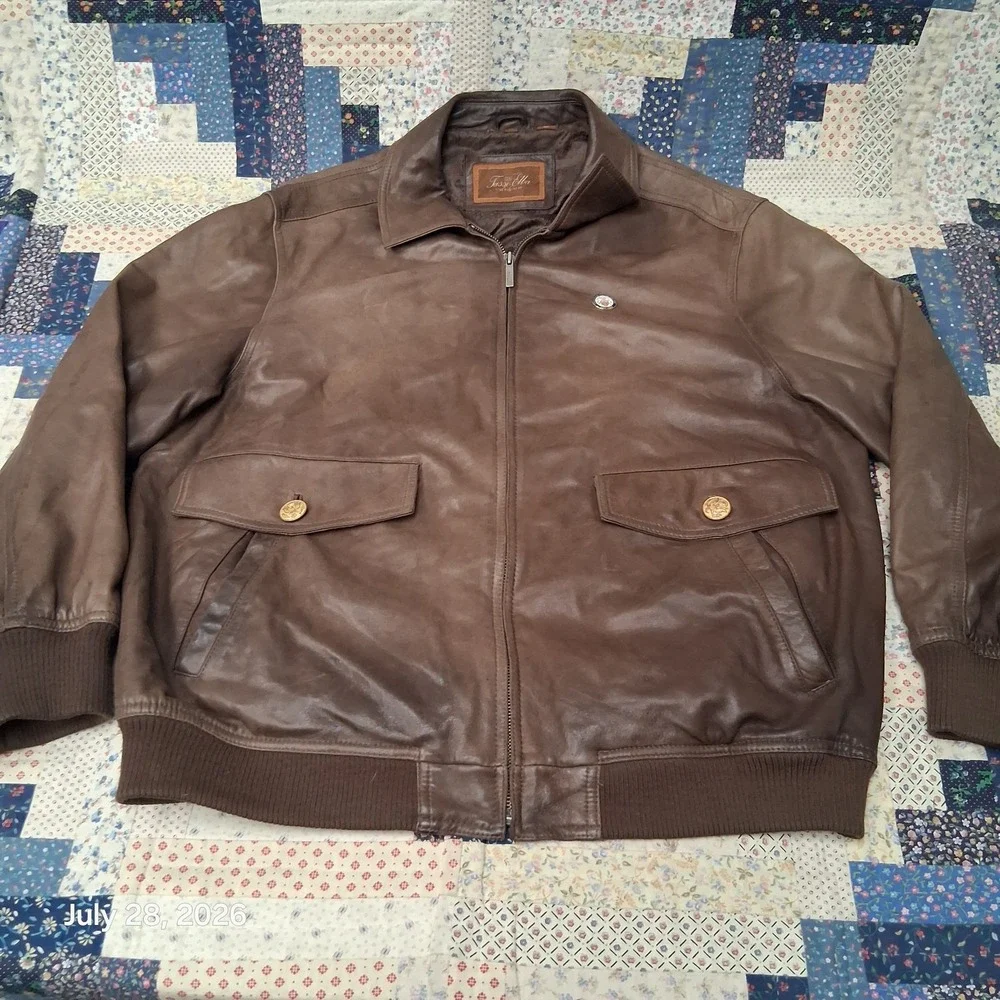 Tasso Elba Mens XL Brown Leather Bomber Jacket Full Zip Ribbed Waist Y2K Lined